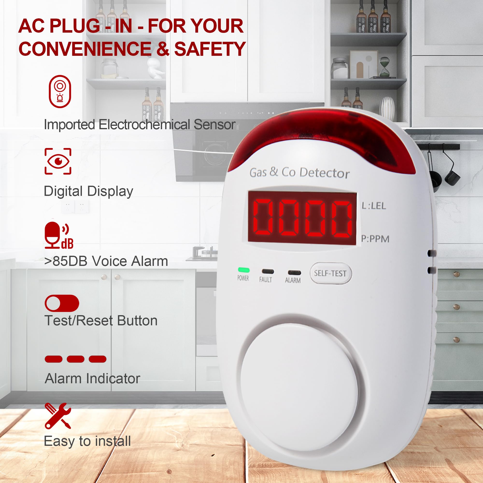 Co Detector Plug - Gecombineerde gas- en koolmonoxidedetectoren, plug-in, 2-in-1
